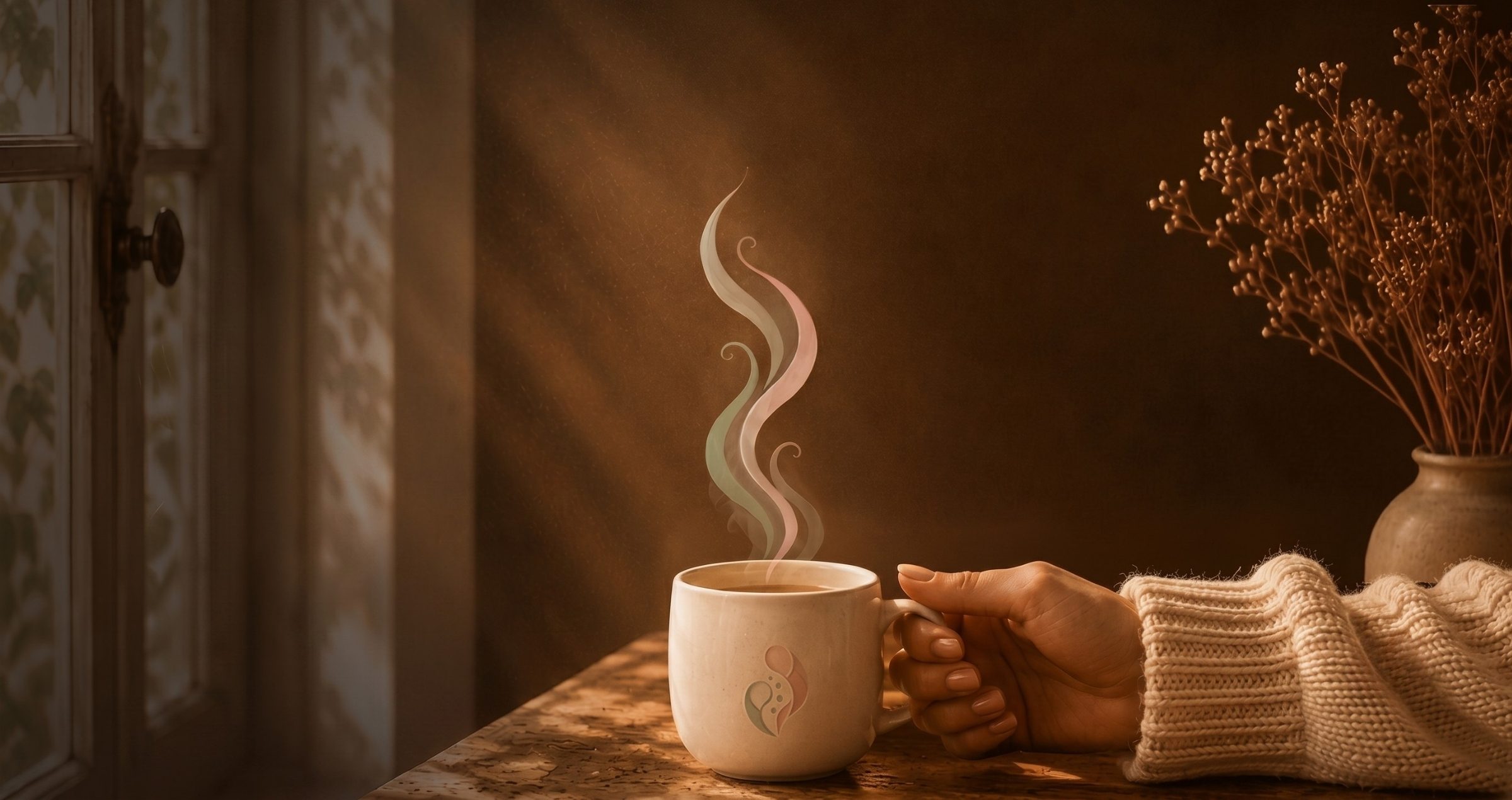 Xícara de café fumegante sobre uma mesa de madeira, ao lado de uma mão, com luz suave de janela.
